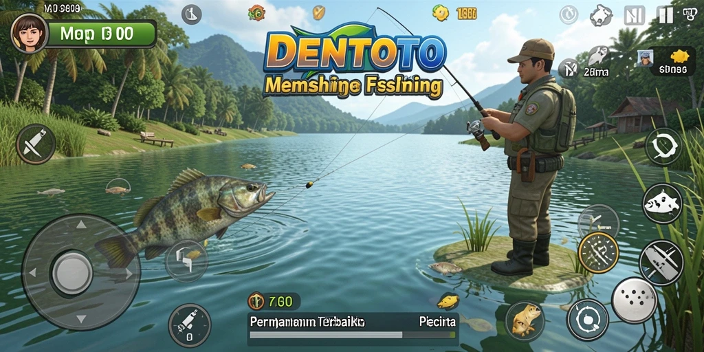 Tampilan gameplay DENTOTO dengan suasana memancing yang menawan.