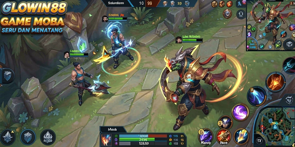 Tampilan seru dari gameplay MOBA di GLOWIN88.