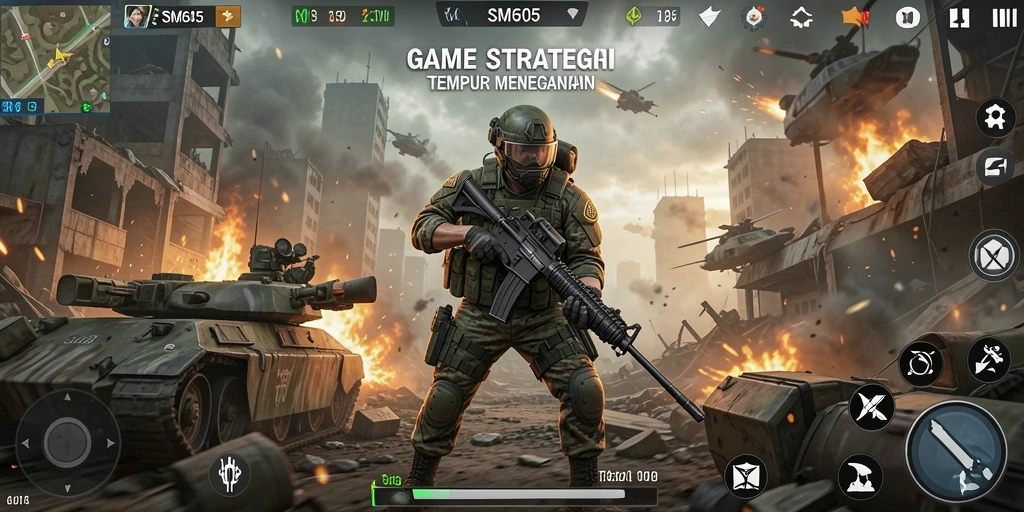Screenshot gameplay SM605 menampilkan strategi tempur yang mendebarkan.