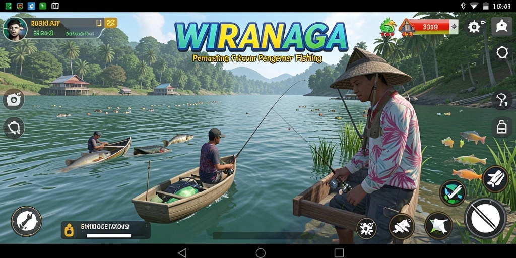 Tampilan gameplay WIRANAGA dengan aksi memancing yang seru.